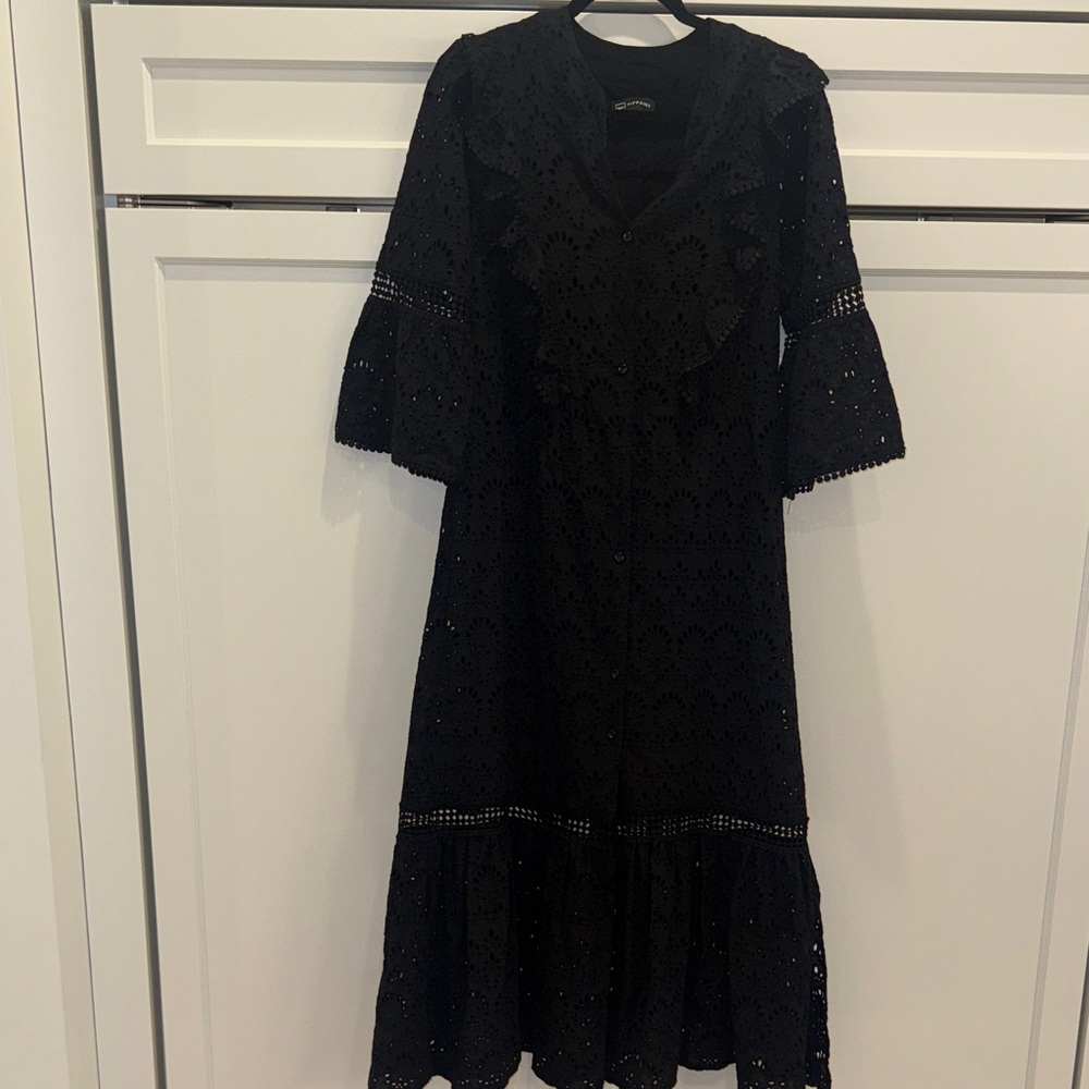Tyf TIFFANY Elegant Black Eyelet Long Sleeve Dress